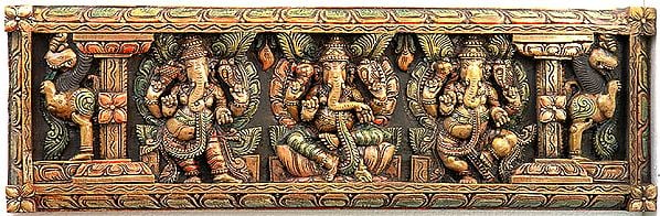 Panel with Ganesha Standing, Sitting and Dancing with Yali Figures (Temple Guardians)