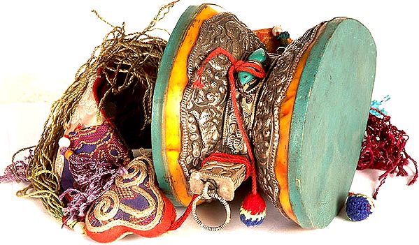 Pellet Drum (Damaru) with Dragon, Jataka Animals, Silk Tassel and Scarf