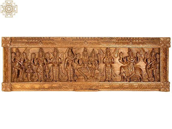 Wooden Panel of Brahmanical Deities (From the Left Doorkeeper, Mermaid, Vishnu, Garuda, Attendant, Vishnu Lakshmi, Brahma, Shri Krishna and Doorkeeper)