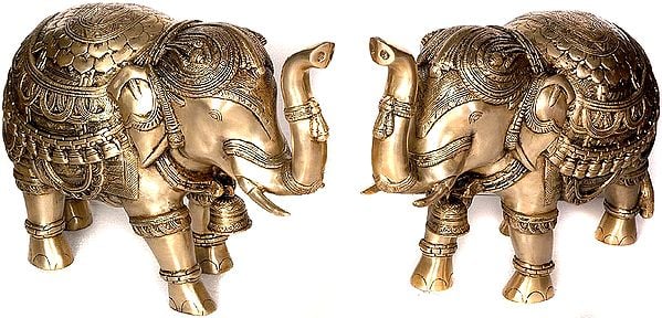 Temple Elephant Pair with Bells and Upraised Trunks (Supremely Auspicious According to Vastu)