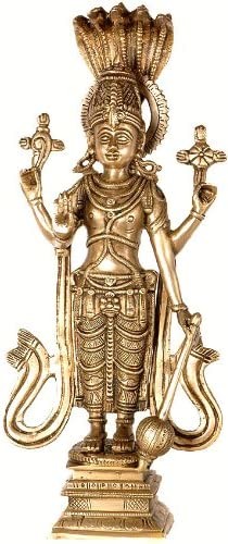 12" Four-Armed Standing Vishnu with Five-Hooded Shesha Atop In Brass | Handmade | Made In India