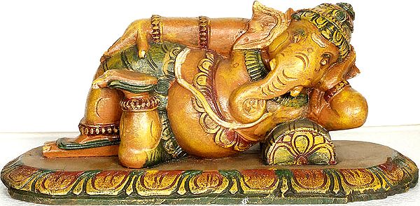 Relaxing Ganesha Wooden Sculpture - Carved from South Indian Temple Wood