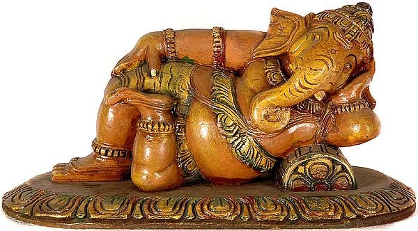 Reclining Ganesha Wooden Sculpture - Carved from South Indian Temple Wood
