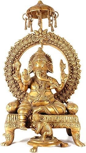 18" Enthroned Ganesha with Kirtimukha and Parasol Atop In Brass | Handmade | Made In India