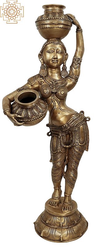 44" Large Size Lady Carrying Milk Pots In Brass | Handmade | Made In India