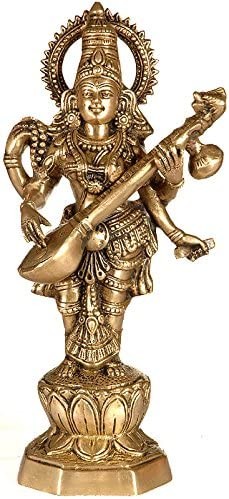 13" Standing Saraswati Playing Veena In Brass | Handmade | Made In India