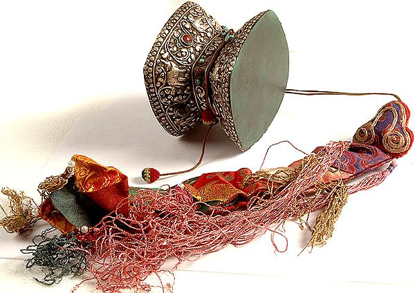 Ritual Damaru with Coral, Turquoise, Silk Tassel and Auspicious Silk Brocade Hanging