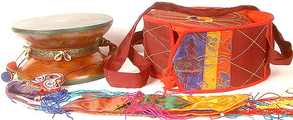 Ritual Damaru (Pellet Drum) with Silk Tassel, Scarf  and Case