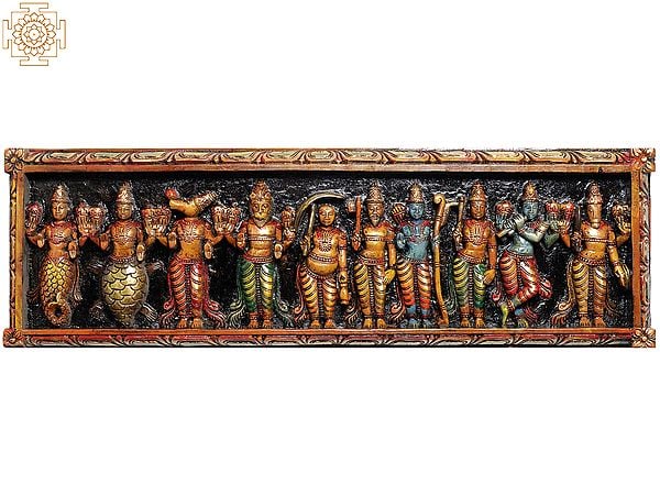 Large Size Dashavatara Panel -The Ten Incarnations of Lord Vishnu (From the Left - Matshya, Kurma, Varaha, Narasimha, Vaman, Parashurama, Rama, Balarama, Krishna and Kalki)
