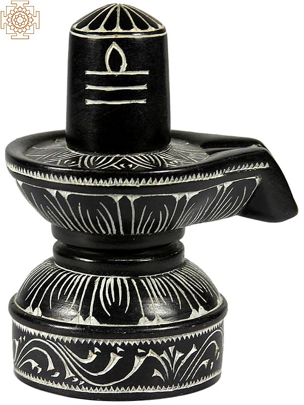Shiva Linga with Carved Lotus - Black Marble Sculpture from Mahabalipuram