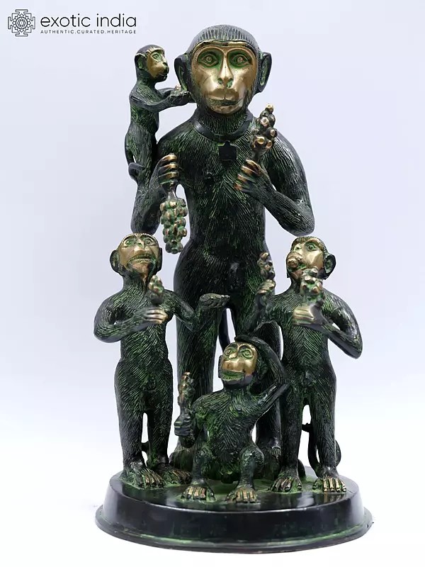 12" Monkey Family Brass Sculpture | Indian Handcrafted Idol