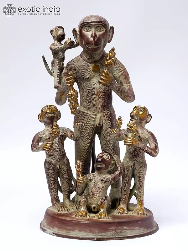 12" Monkey Family Brass Sculpture | Indian Handcrafted Idol