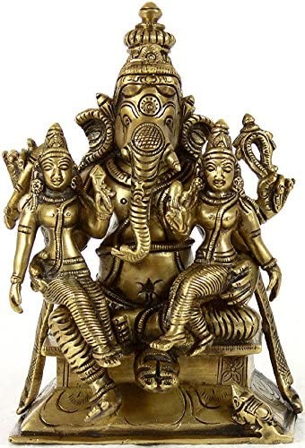 7" Shri Ganesha with Buddhi and Siddhi In Brass | Handmade | Made In India