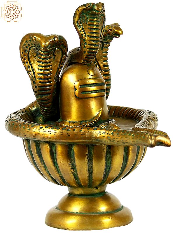 10" Shiva Linga with Shiva’s Snakes Crowning It In Brass | Handmade | Made In India