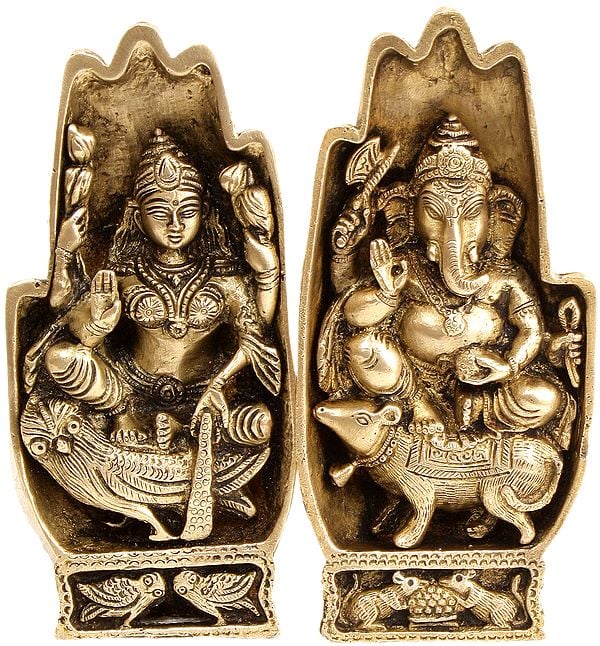 7" Pair of Hands Depicting Lakshmi Seated on Owl and Ganesha On Rat In Brass | Handmade | Made In India