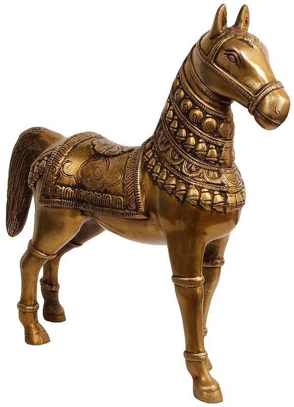 12" Royal Horse with Carved Saddle in Brass | Handmade | Made in India