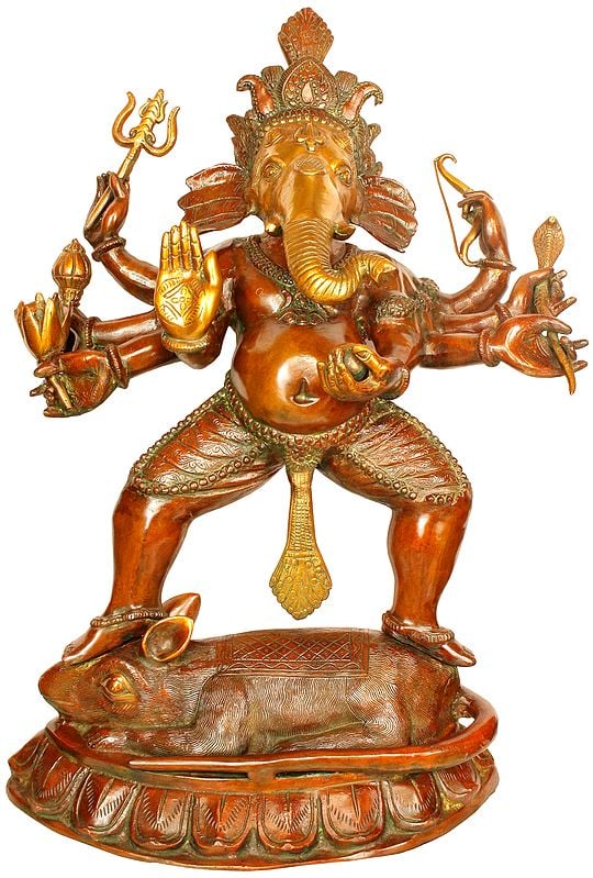 27" Ashtabhuja-dhari Yuddha Ganesha (Ganesha the Spiritual Warrior) In Brass | Handmade | Made In India