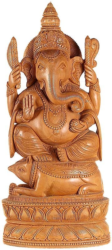 Lord Ganesha Enjoying Modak (Laddoos) Seated on Rat on Lotus Pedestal