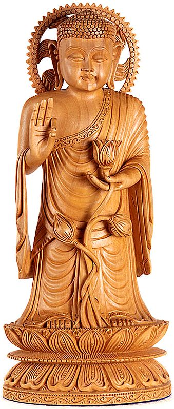 Japanese Preaching Buddha Holding a Stem of Lotus Flower