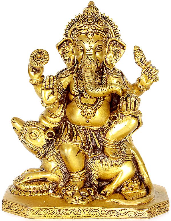 Lord Ganesha Seated on Rat with Chakra, Noose and Modak