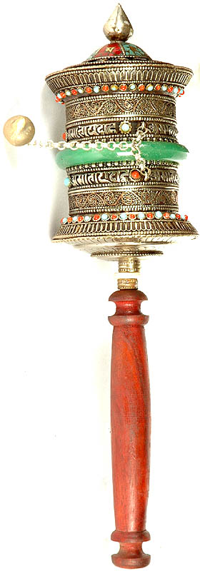 Om Mani Padme Hum Prayer Wheel with Gemstone and Fine Filigree Work