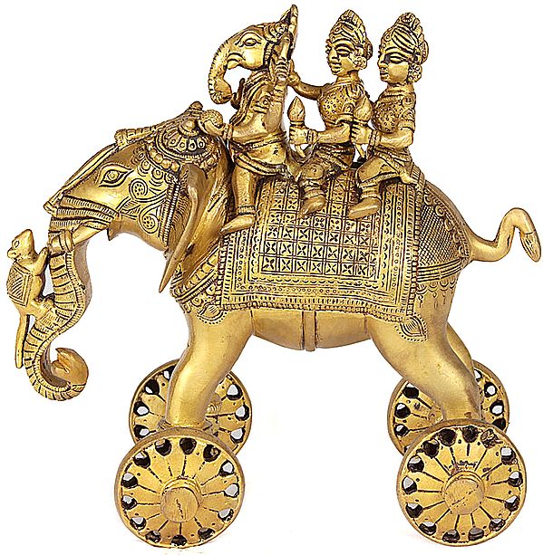 Ganesha Riding a Wheeled Elephant with Buddhi and Siddhi