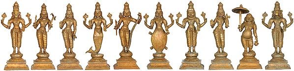 The Ten Incarnations of Lord Vishnu (Matsya, Kurma, Varaha, Narasimha, Vaman, Parashurama, Rama, Krishna, Balarama and Kalki)