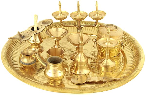 Puja Thali with Eleven Ritual Items (From Kerala)