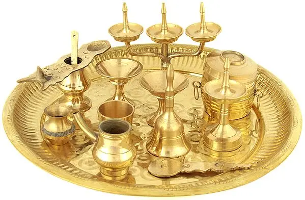 Puja Thali with Eleven Ritual Items (From Kerala)