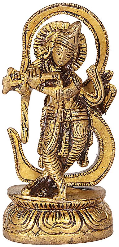 Fluting Krishna with the Backdrop of Om (AUM) (Small Sculpture)