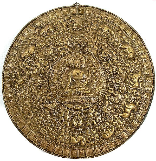 Bhumisparsha Buddha Wall Hanging Plate with Ashtamangala Symbols and Animals of Tibetan Astrological Calendar