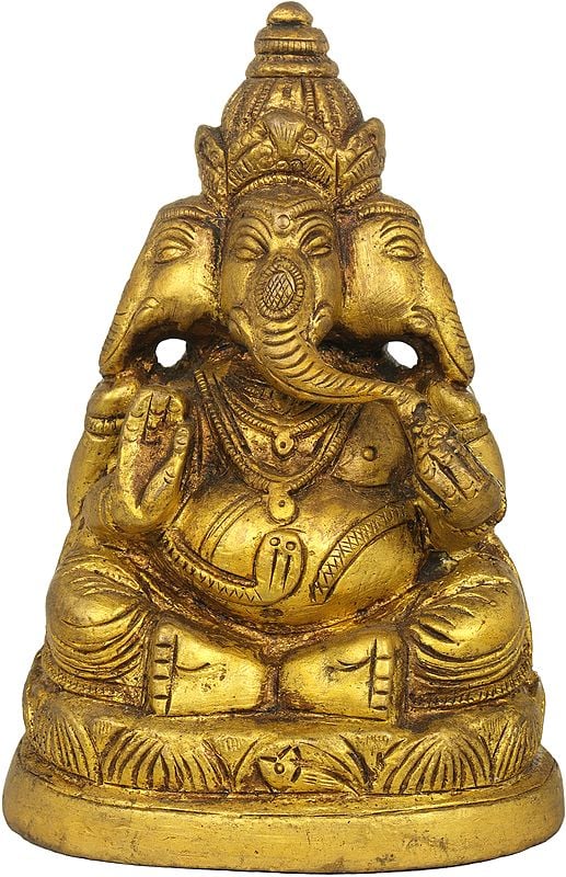 4" Three Headed Ganesha Brass Sculpture | Handmade | Made in India