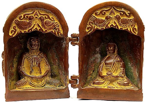 4" Tibetan Buddhist Folding Temple of Buddha (Back Side Engraved with Scenes from Life of Shakyamuni) In Brass | Handmade | Made In India