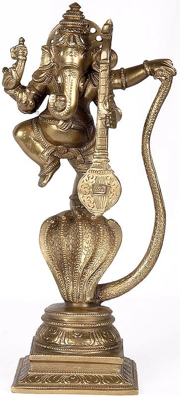 Lord Ganesha Dancing on Five-Hooded Serpent with Veena