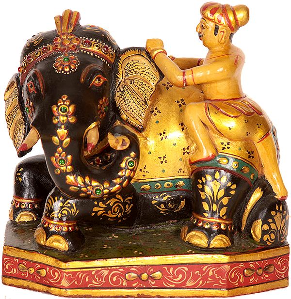 Man Washing Elephant Kadamba Wood Sculpture from Jaipur