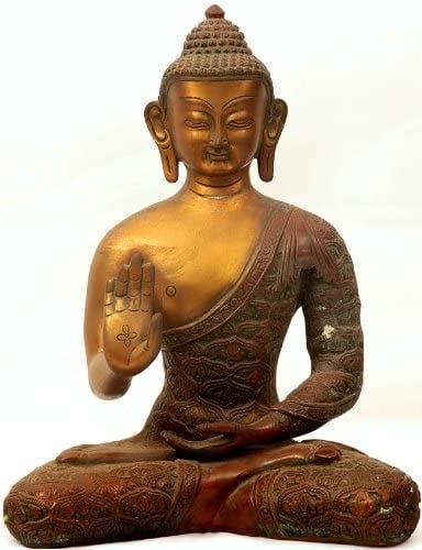 11" Seated Buddha in Abhaya Mudra (Robes Decorated with Auspicious Symbols) In Brass | Handmade | Made In India