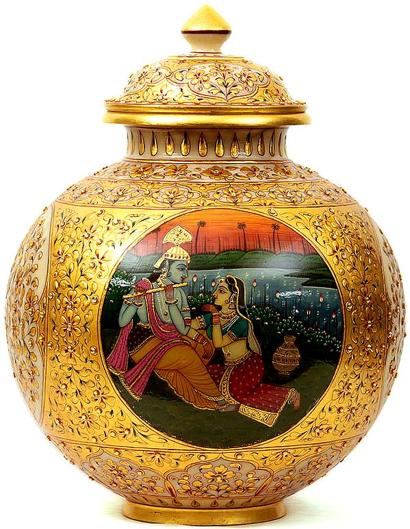 Wealth Pot with Figures of Radha Krishna at Front and Ganesha on Reverse