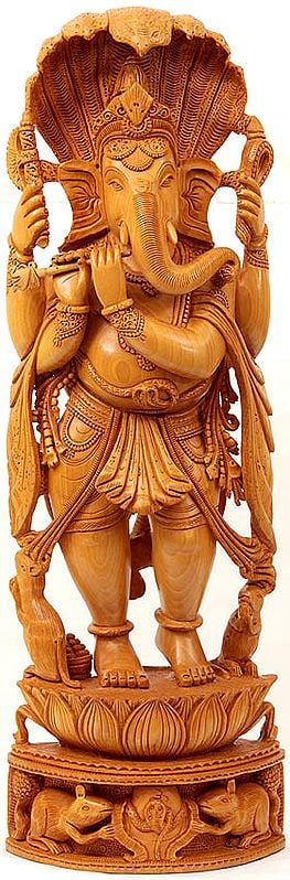 Lord Ganesha Playing Flute with Serpent Hood Over His Head