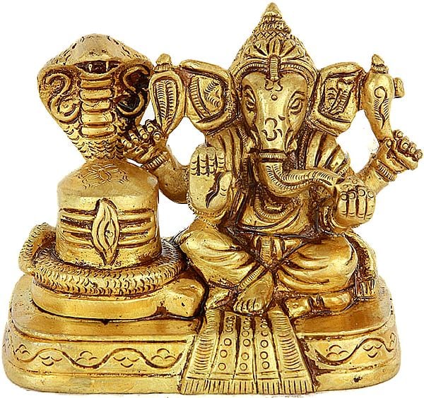 3" Lord Ganesha with Shiva Linga (Small Sculpture) In Brass | Handmade | Made In India