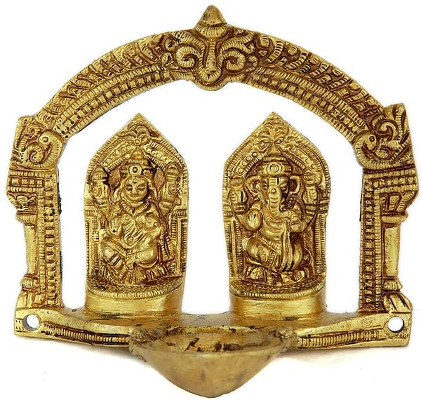 4" Lakshmi Ganesha Puja Lamp with Arch (Small Sculpture) In Brass | Handmade | Made In India