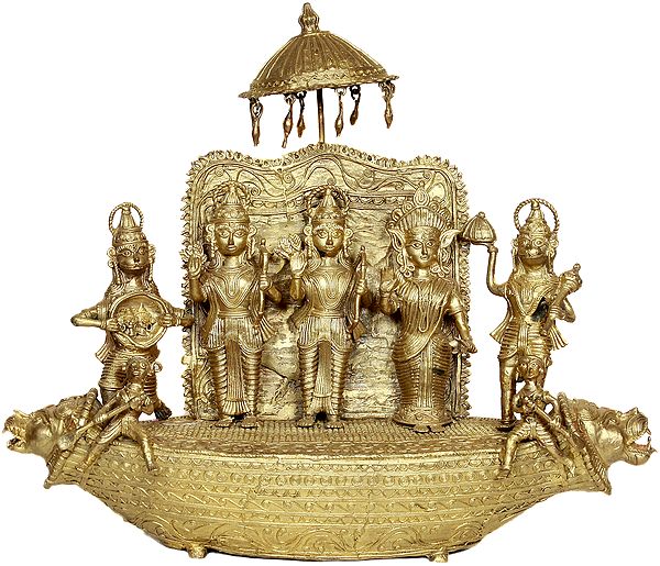 Shri Rama, Sita, Lakshman and Hanuman Returning Ayodhya on the Boat of Kevat (Tribal Sculpture from Bastar)