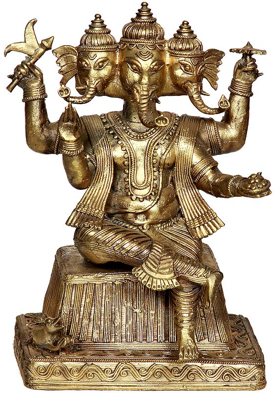 Three Headed Lord Ganesha Brass Statue | Tribal Sculpture from Bastar