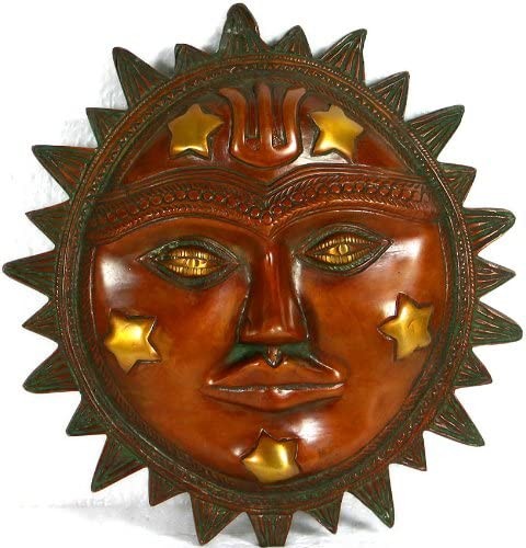 9" Lord Surya Wall Hanging Mask In Brass | Handmade | Made In India