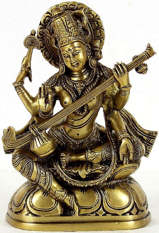 7" Saraswati - Goddess of Knowledge and Arts In Brass | Handmade | Made In India