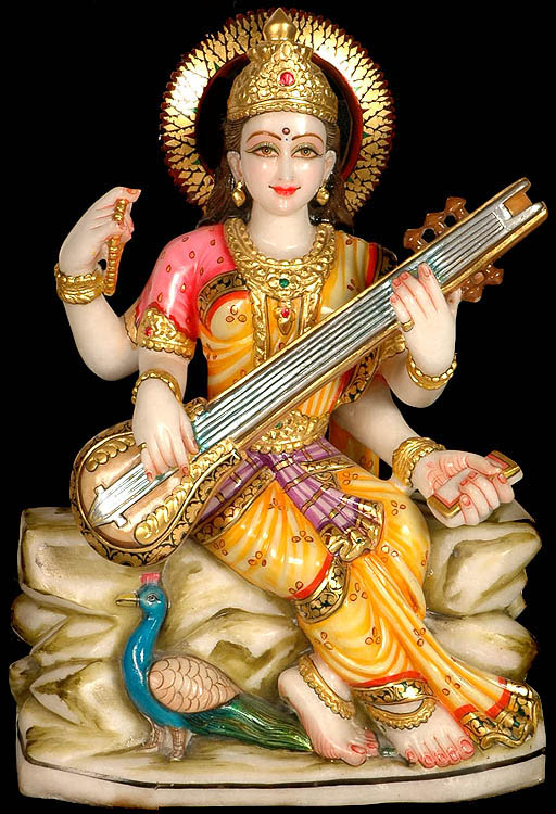 Saraswati: Goddess of Learning and Art with Peacock