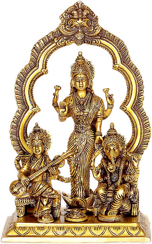 Saraswati, Lakshmi and Ganesha with Arched Shaped Aureole and Kirtimukha Atop (Altar Piece)