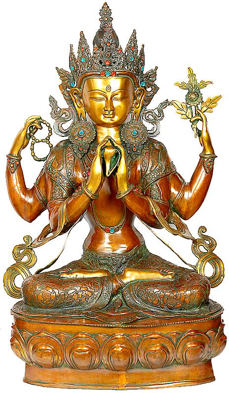 38" Tibetan Buddhist Deity Large Size Shadakshari Lokeshvara (Chenrezig) In Brass | Handmade | Made In India