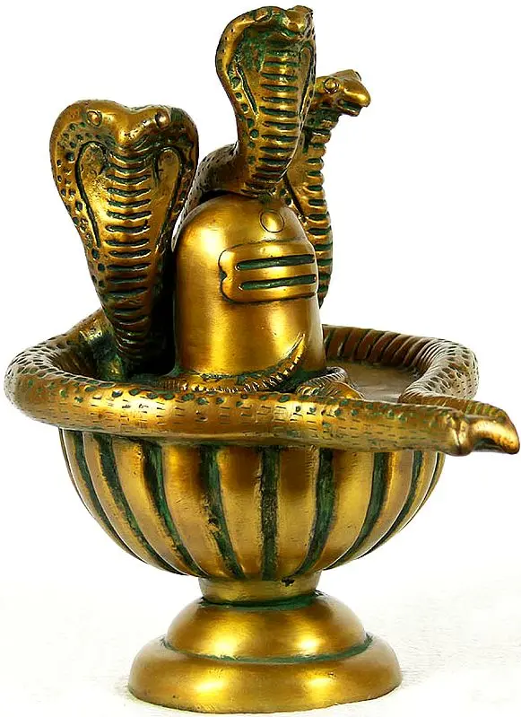 10" Shiva Linga with Shiva’s Snakes Crowning It In Brass | Handmade | Made In India
