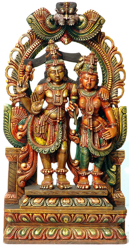 Shiva Parvati Standing on Lotus Pedestal with Floral Aureole and Kirtimukha Atop