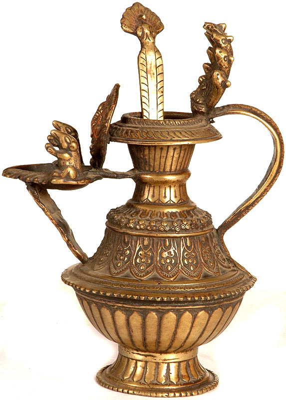 Shri Ganesha Lamp with Seven Hooded Serpent Handle, Oil Bowl and Peacock Spoon